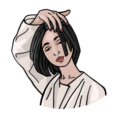 Woman portrait hipster style in backlight. Template for card, poster. banner, print for t-shirt. Black and white illustration of a Girl straightens hair in retro style. Tattoos. Sketch. Fashion design