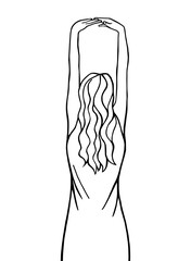 Woman portrait in backlight. Girl with long hair standing with her back. Modern girl coloring. Vector logo hipster style. Template for card, poster. banner, print for t-shirt.