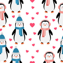 Penguin seamless pattern. Funny cartoon arctic animal. Children's style. Valentine's Day. Vector illustration.