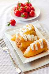 Stuffed pepper with meat and rice on a white square plate