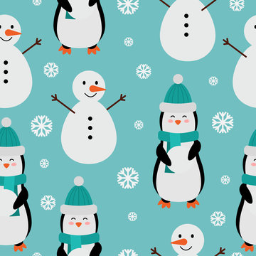 Penguin seamless pattern. Merry Christmas and happy New Year. Cartoon penguin with snowman. Vector illustration.