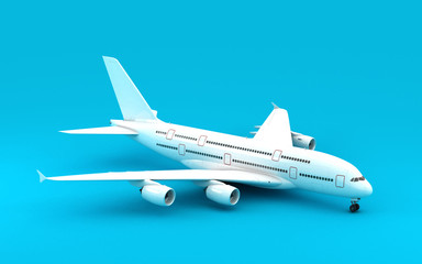 White airplane Airbus A380 stands still isolated on blue background. High angle view. 3D illustration.