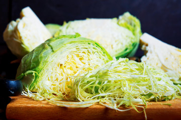 Sliced cabbage on a wooden table