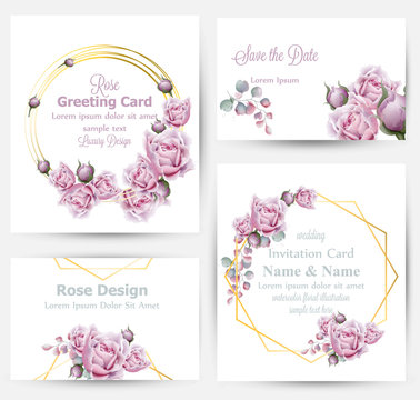 Watercolor rose flowers cards set collection Vector. Vintage greeting or buisiness card, wedding invitation, thank you note. Summer floral decor. flower wreath frames bouquets