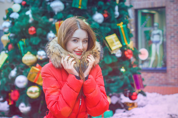 Winter holiday concept. Inspiration and fairy cold time. Girl having fun at holydays. Pretty nice lady outdoor, holiday days, snowy magical christmas time 