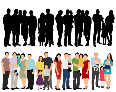 vector, isolated, silhouette of people standing in a group, crowd, flat style