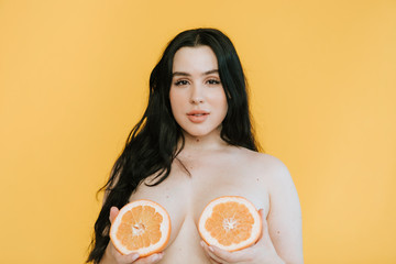 Curvy woman with fruit boobs