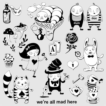 Set of  characters of Wonderland. Alice in Wonderland, White rabbit, Mad Hatter, Caterpillar, Tweedledum and Tweedledee.. Playing cards, pocket watch, key, cup and poison. Vector posters,illustration