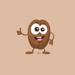 Illustration of cute happy coffee bean mascot recommends with big smile isolated on light background. Flat design style for your mascot branding.