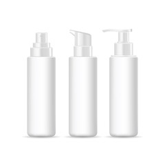 Set of realistic cosmetic containers isolated on white background. Vector mockup for brand template.