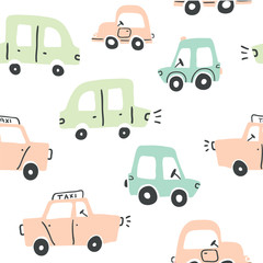 Seamless pattern with hand drawn cute cars