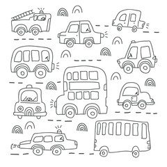 Big set of different hand drawn toy cars