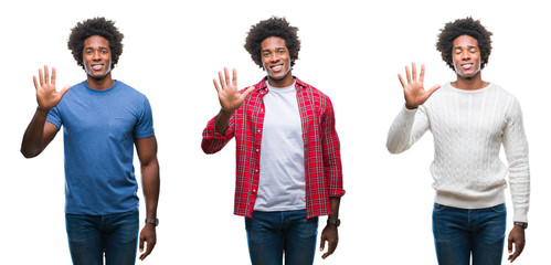 Collage of african american young handsome man over isolated background showing and pointing up with fingers number five while smiling confident and happy.