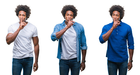 Collage of african american young shirtless man and business man over isolated background asking to be quiet with finger on lips. Silence and secret concept.