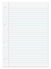Blank lined white paper sheet from notebook background with blue lines, margin, holes and drop shadow with copy space. - 229715258