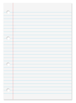 Blank lined white paper sheet from notebook background with blue lines, margin, holes and drop shadow with copy space.