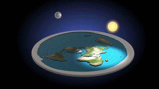 Flat Earth 3D Model. Day and Night. Animation. Geocentric concept of universe. Side angle view. Topographic Map without clouds layer. Ancient beliefs. 4K
