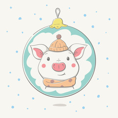 Lovely cute cheerful piggy in a hat and a pink scarf in a reflection on Сhristmas ball. Card with cartoon animal.