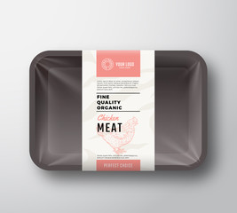 Fine Quality Chicken Meat. Abstract Vector Poultry Plastic Tray Container with Cellophane Cover. Packaging Design Label. Modern Typography and Hand Drawn Hen Silhouette Background Layout.