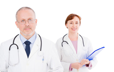 male,female doctor isolated on white background, selective focus, copy space, medical insurance