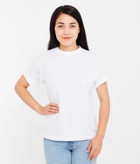 Obraz premium young sexy japanese,asian brunette woman in blank white t-shirt,shirts front view isolated on white background, mock up, copy space.