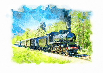 Ancient steam train running on tracks in the countryside on a sunny day. Watercolor painting. - 229716618