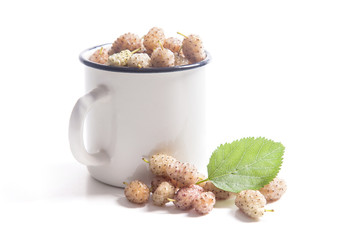White cup with white mulberry fruit and leaf isolated on white.