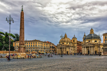 View on Piazza del Popolo with Santa Maria dei Miracoli and Santa Maria di Montesanto churches