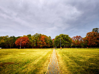 Beautiful autumn landscape in the park after rain with amazing colors. Memorial park Sumarice,...