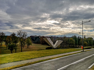 Beautiful autumn landscape in the park after rain with amazing colors. Memorial park Sumarice, Kragujevac, Serbia.