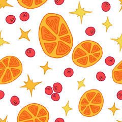 Seamless christmas pattern with oranges, berries and stars