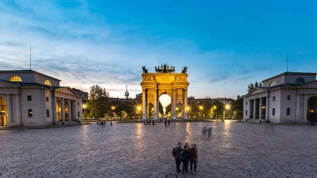 The Arch of Peace (Arco della Pace), one of the most famous landmarks in Milan. Time lapse of Arco della Pace "Arch of Peace" in Milan , Italy . It is the city gate of Milan located at the city centre