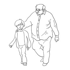 Fototapeta na wymiar Grandfather and his grandson. Family time vector illustration, concept of happy parenting and childhood. Line art style 