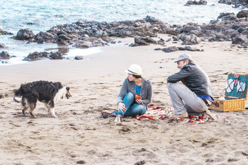 Alternative family with one lady a man and a dog together at the beach enjoying a picnic in...