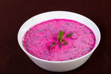 Okroshka soup with beetroot
