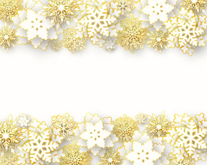 Vector Merry Christmas and Happy New Year greeting card design with 3d white and gold layered paper cut snowflakes on white background. Seasonal Christmas and New Year holidays luxury paper banner