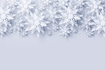 Vector Merry Christmas and Happy New Year greeting card design with frame made of 3d white realistic layered paper cut snowflakes. Seasonal Christmas and New Year holidays paper template background