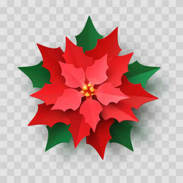 Vector Red Christmas Poinsettia Flower in paper cut style isolated on transparent background. New year paper craft symbol, Christmas star flower