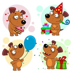 Set of cartoon icons for kids and dogs design. Birthday holiday, a dog with a cake, with a bunch of gifts and in a cap, with a blue balloon and throwing candy.