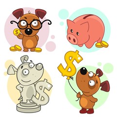 Obraz na płótnie Canvas Set of cartoon icons for kids and dogs design. A puppy scientist in glasses stands with coins, a pig piggy bank, with a gold dollar, with a balloon and a monument in the form of a dog.