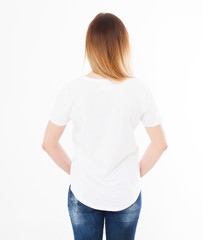 back view girl,woman in white t-shirt isolation on white background, blank,copy space