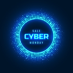 Cyber Monday concept banner with neon glowing halftone circle. Luminous cyber design element. Vector futuristic promotional background