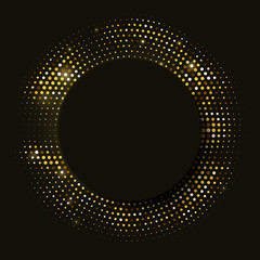 Abstract vector retro golden glitter halftone ornament on black background with black 3d circle. Template luxury background with gold stamped dotted pattern. Vintage cover decorative design element.