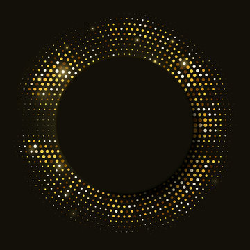 Abstract vector retro golden glitter halftone ornament on black background with black 3d circle. Template luxury background with gold stamped dotted pattern. Vintage cover decorative design element.