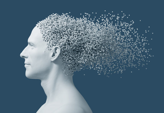 Desintegration On 3D Pixels Of Man's Head On Blue Background