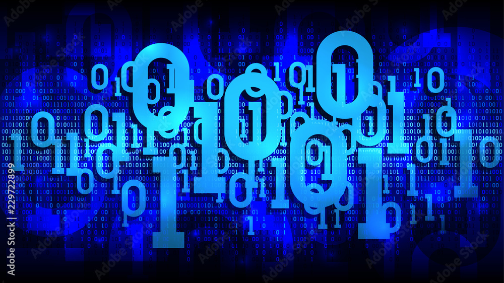 Poster matrix blue background with binary code, shadow digital code in abstract futuristic cyberspace, clou