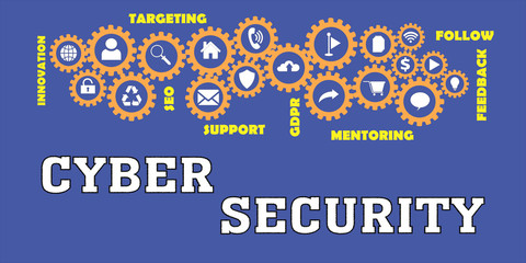 CYBER SECURITY Panoramic Banner with Gears icons and tags, words. Hi tech concept. Modern style