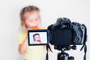 Education video blog filming backstage concept about children. social network activity.