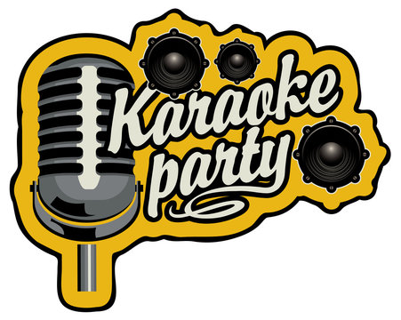 Vector music poster or banner with inscription karaoke party, microphone and audio speakers