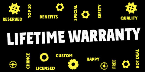 LIFETIME WARRANTY Tags words cloud and Gears